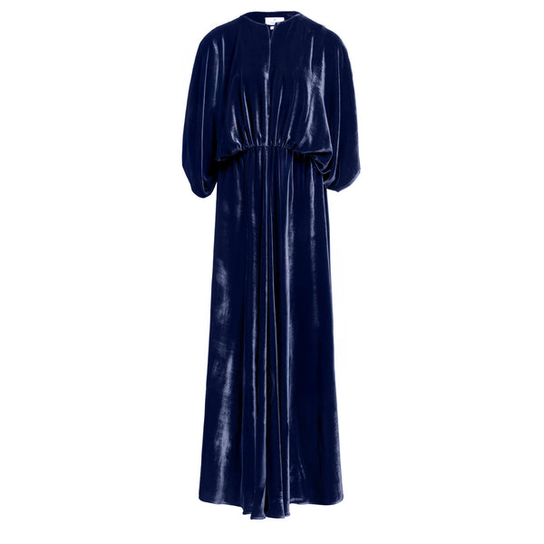 Handmade maxi silk velvet dress in midnight blue. Elasticated waist for comfort, wide sleeves for elegant drape. Luxurious look. 100% silk velvet. Dry clean.
