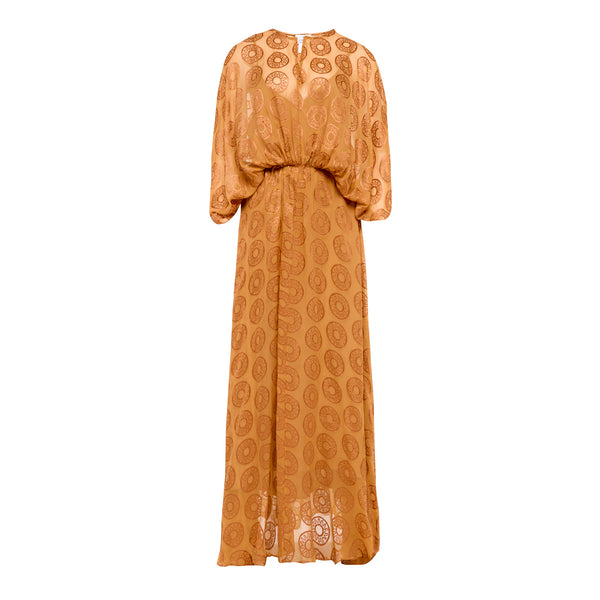 Elegant, effortless design in delicate 100% silk with devoré kyma pattern. Elasticated waist for a flattering fit and wide sleeves. Handmade. Dry clean.
