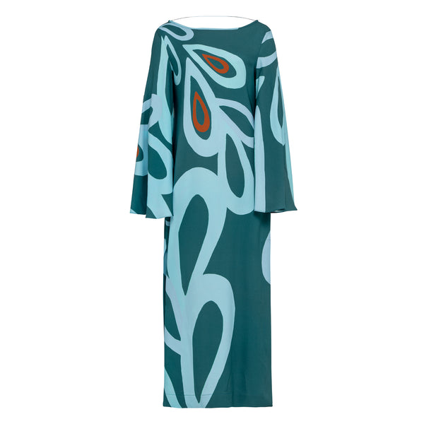 Dione dress in soft green with a fluid, flowing silhouette and gentle stretch. Features flared sleeves and an open back. 97% viscose, 3% elastane.
