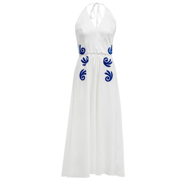 Leucothea Handmade Cotton Dress embellished with a detail from our Gaia pattern. 100% Cotton Spaghetti straps Open back Handwash at 40°C Handmade in Athens.