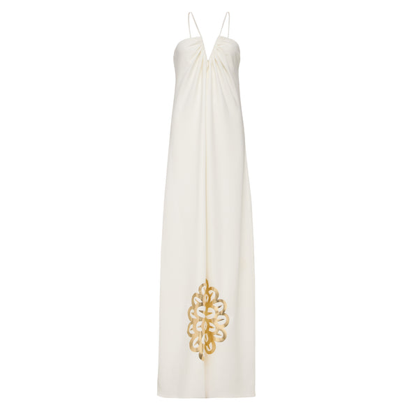 Galatea maxi dress with spaghetti straps in white & gold. Elegant, fluid silhouette with quiet luxury. 97% viscose, 3% elastane. Handmade in Athens. Dry clean.
