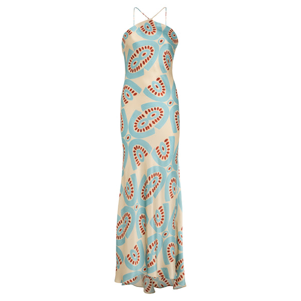 Thaleia halter neck slip dress in silk, featuring a graceful drape and elegant silhouette. Red and light blue tones, perfect for evening wear. 100% silk.