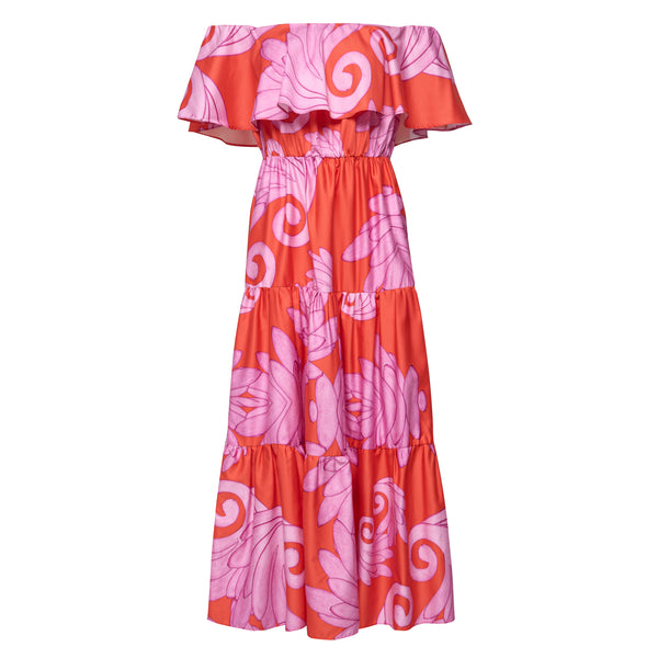 Off-shoulder midi dress with signature Gaia print in red and purple. Romantic and chic with ruffles and a flowing silhouette. 100% cotton.
