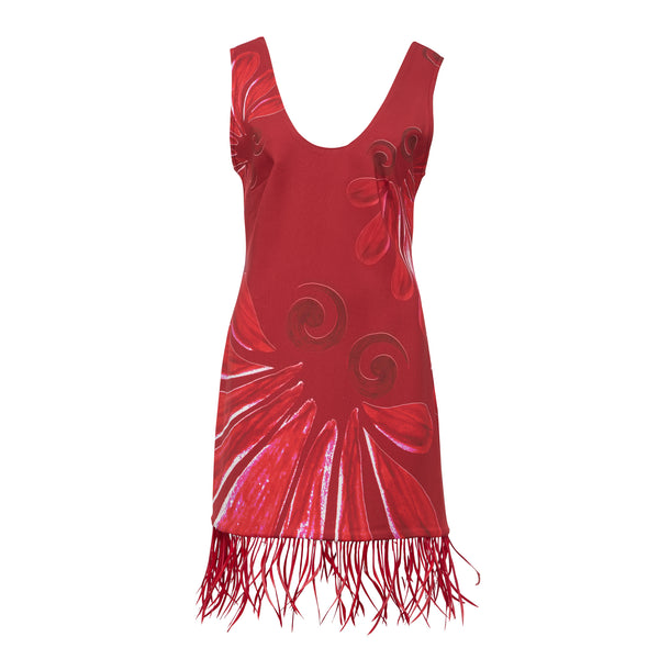Leda Sabra silk mini dress in vibrant red. Sleek silhouette with feather hem for modern elegance. 97% viscose, 3% elastane, handmade in Athens. Cold hand wash.

