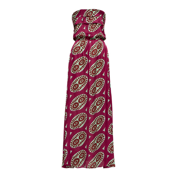 Selene strapless long dress with a fluid silhouette and elastic waist for a flattering, comfortable fit. 70% silk, 30% viscose, handmade in Athens. Dry clean.