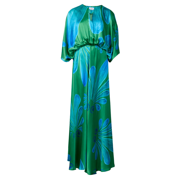 The Alcmene Maxi Silk Dress in Blue and Green is crafted from 100% silk, featuring a fluid silhouette and a flattering V-neckline. Composition: 100% Silk V-neck