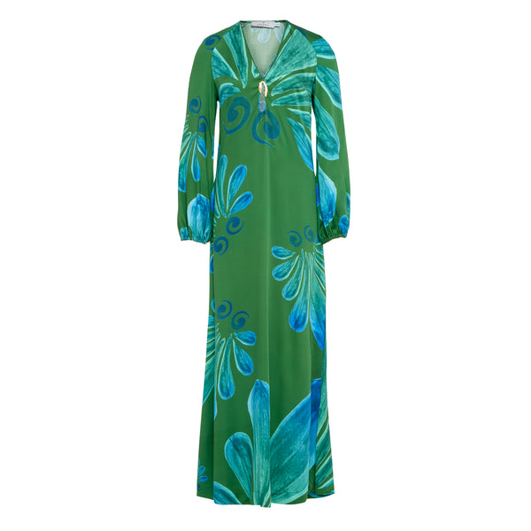 The Alcmene Long Kaftan in Blue and Green with side splits Composition: 93% Viscose 7% Silk V-neck Side slits Handwash Handmade in Athens.