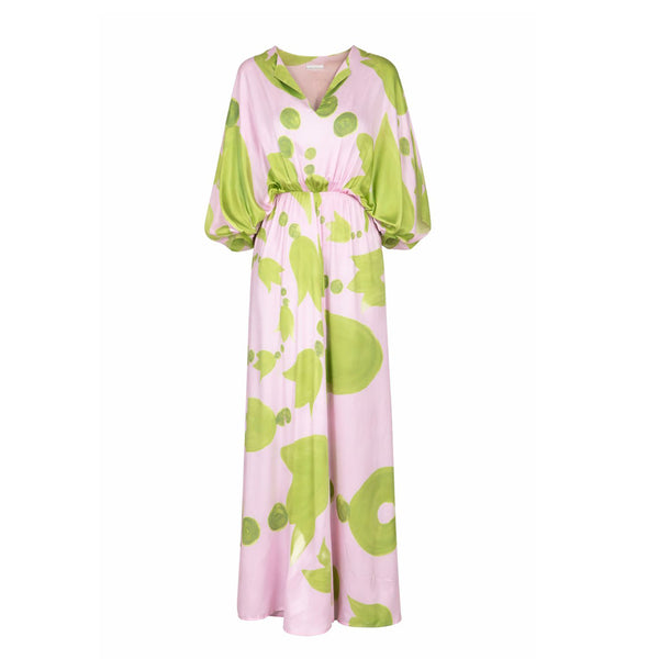 Palm Royale silk dress: a beloved Themis Z design in a bold pink & green hand-painted print. Elegant and perfect for summer outings. 100% silk, handmade.