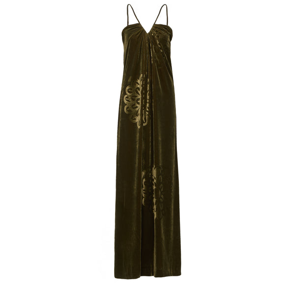 Anthos slip dress in silk velvet blend with elegant drape and hand-applied motif. Delicate spaghetti straps and sophisticated khaki tone. Handmade in Athens.