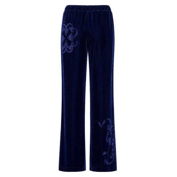 Ionia Silk Velvet Blend Trousers in Royal Blue – front view | Themis Z