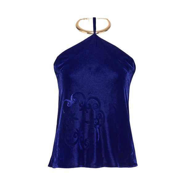 Ionia Top w/gold metal collar in Royal Blue – front view | Themis Z