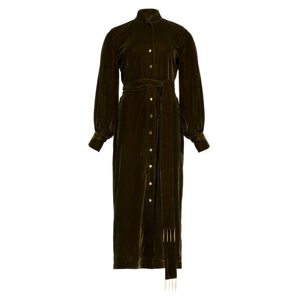 Elegant velvet silk-blend shirtdress with hand-applied Anthos motif on the back. Mao collar, concealed buttons, and self-tie belt with gold accents. Regular fit