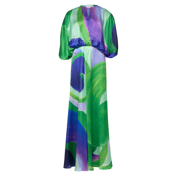 Ianthe maxi silk dress in veraman emerald blue. Fluid silhouette with elastic waist and wide sleeves. 100% silk, handmade in Athens. Dry clean.
